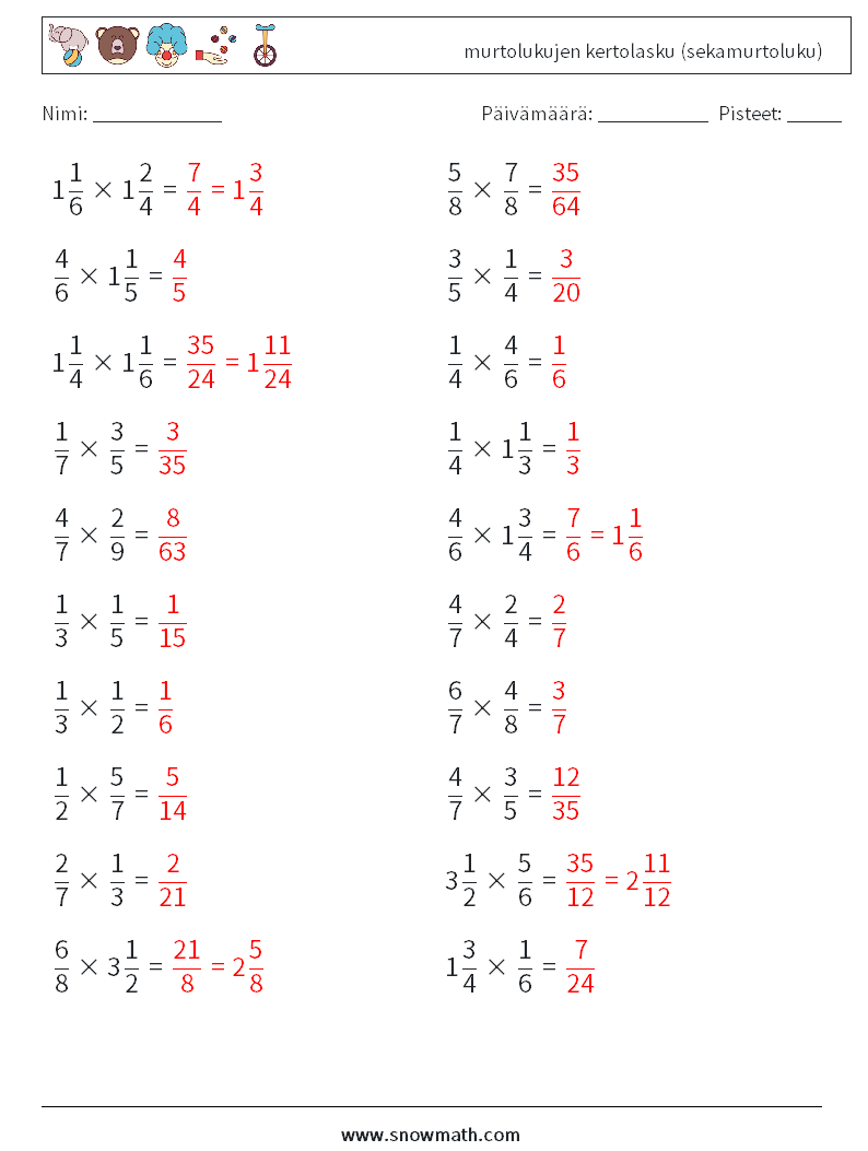 (20) murtolukujen kertolasku (sekamurtoluku) Matematiikan laskentataulukot 1 Kysymys, vastaus