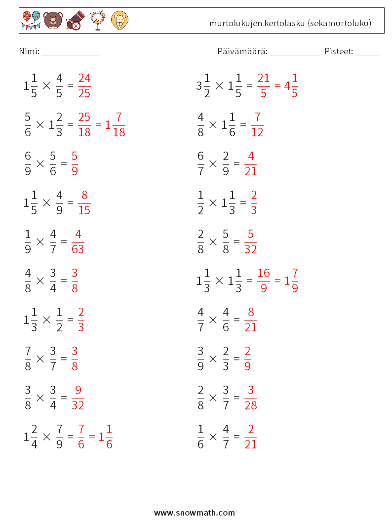 (20) murtolukujen kertolasku (sekamurtoluku) Matematiikan laskentataulukot 4 Kysymys, vastaus