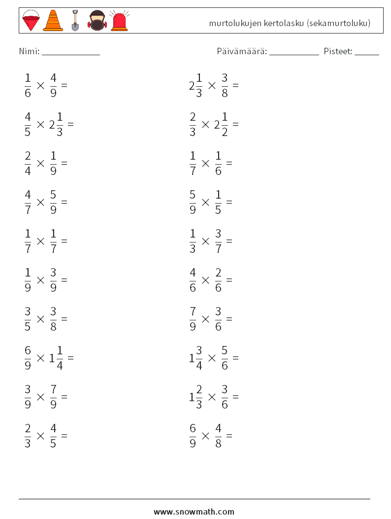 (20) murtolukujen kertolasku (sekamurtoluku) Matematiikan laskentataulukot 6