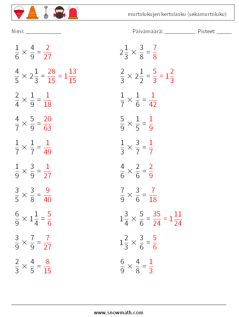(20) murtolukujen kertolasku (sekamurtoluku) Matematiikan laskentataulukot 6 Kysymys, vastaus