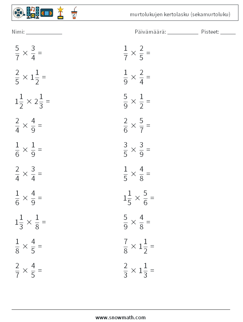 (20) murtolukujen kertolasku (sekamurtoluku) Matematiikan laskentataulukot 7