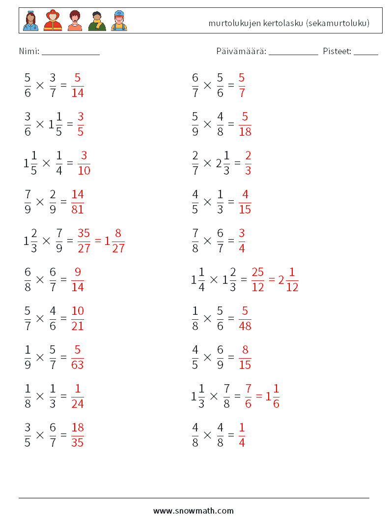(20) murtolukujen kertolasku (sekamurtoluku) Matematiikan laskentataulukot 8 Kysymys, vastaus