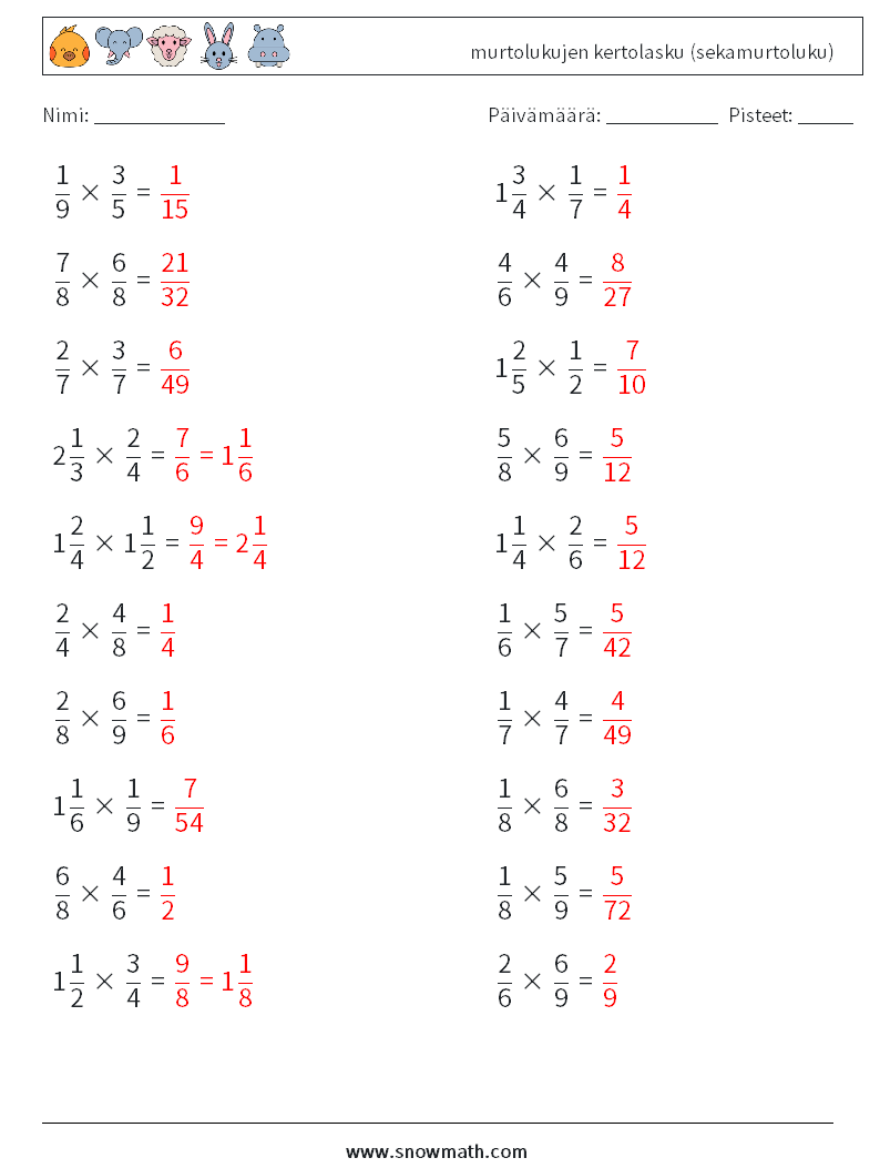 (20) murtolukujen kertolasku (sekamurtoluku) Matematiikan laskentataulukot 9 Kysymys, vastaus