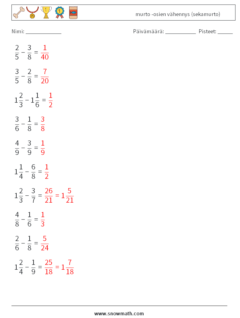 (10) murto -osien vähennys (sekamurto) Matematiikan laskentataulukot 10 Kysymys, vastaus