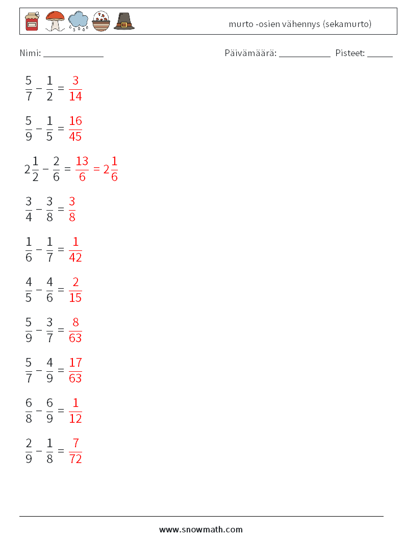 (10) murto -osien vähennys (sekamurto) Matematiikan laskentataulukot 1 Kysymys, vastaus