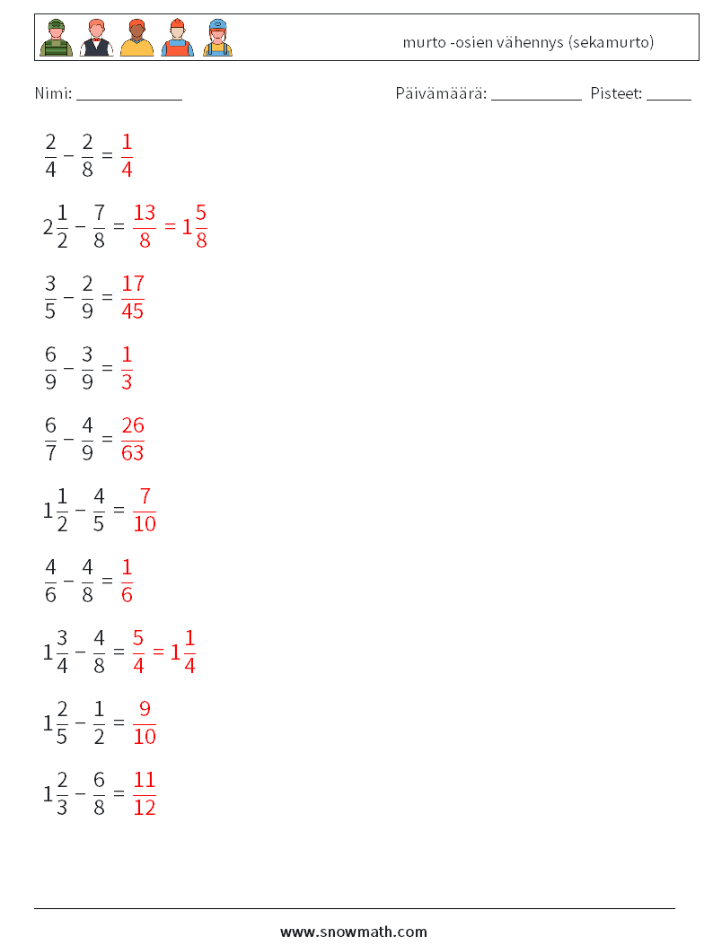 (10) murto -osien vähennys (sekamurto) Matematiikan laskentataulukot 3 Kysymys, vastaus