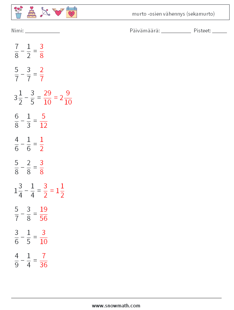 (10) murto -osien vähennys (sekamurto) Matematiikan laskentataulukot 5 Kysymys, vastaus