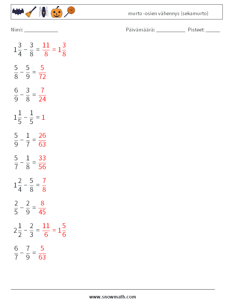 (10) murto -osien vähennys (sekamurto) Matematiikan laskentataulukot 8 Kysymys, vastaus