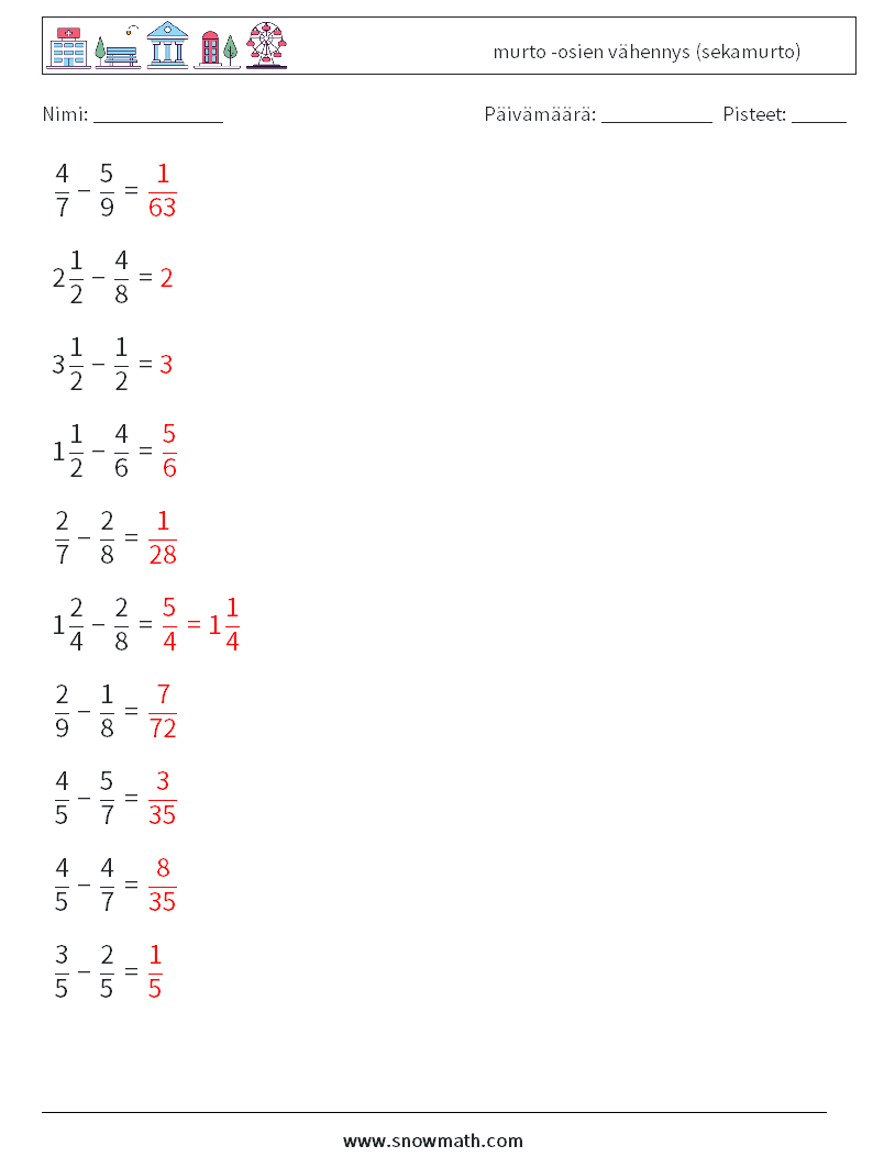 (10) murto -osien vähennys (sekamurto) Matematiikan laskentataulukot 9 Kysymys, vastaus