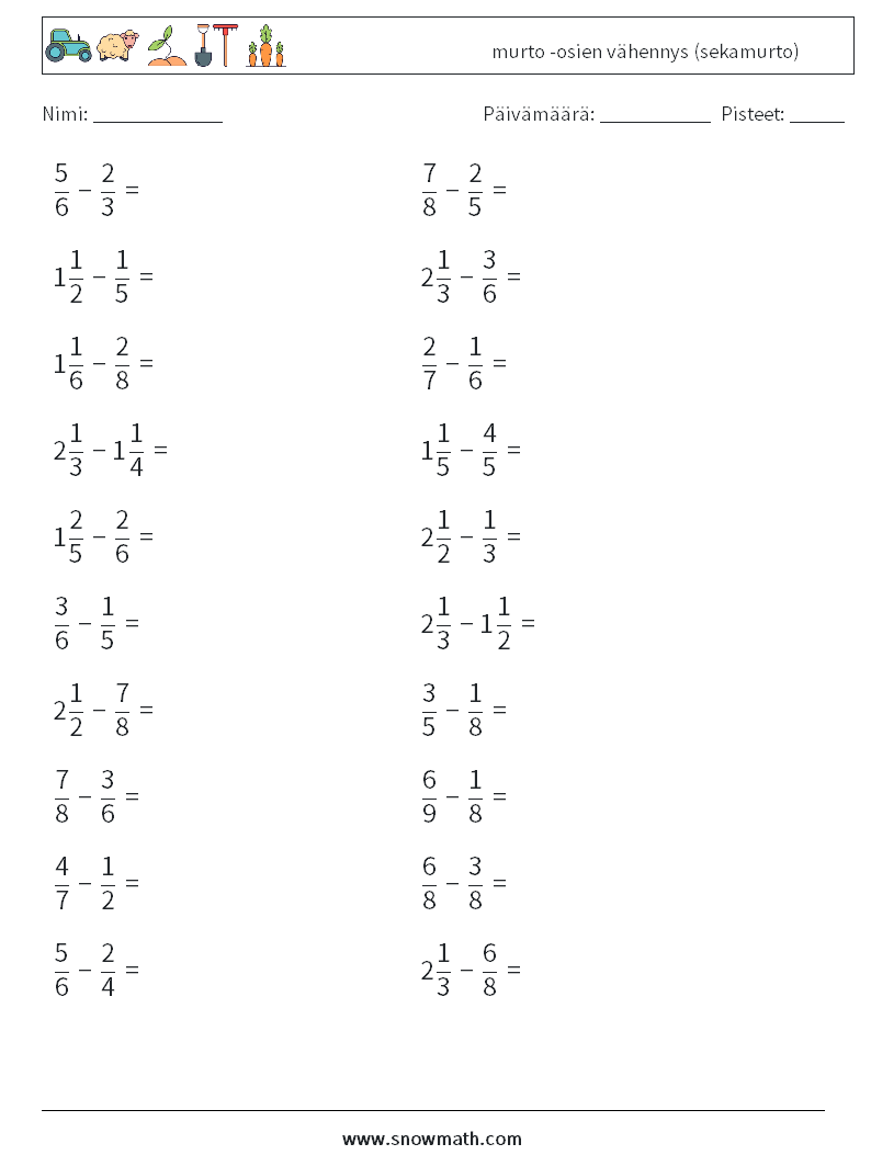 (20) murto -osien vähennys (sekamurto) Matematiikan laskentataulukot 1