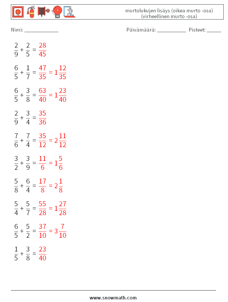 (10) murtolukujen lisäys (oikea murto -osa) (virheellinen murto -osa) Matematiikan laskentataulukot 10 Kysymys, vastaus