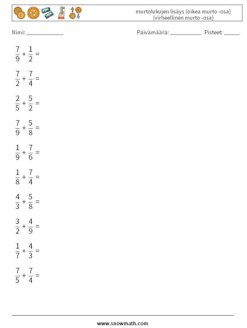 (10) murtolukujen lisäys (oikea murto -osa) (virheellinen murto -osa) Matematiikan laskentataulukot 11