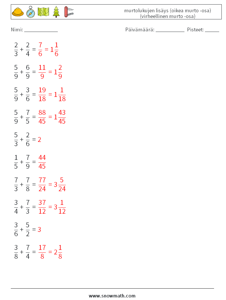 (10) murtolukujen lisäys (oikea murto -osa) (virheellinen murto -osa) Matematiikan laskentataulukot 15 Kysymys, vastaus