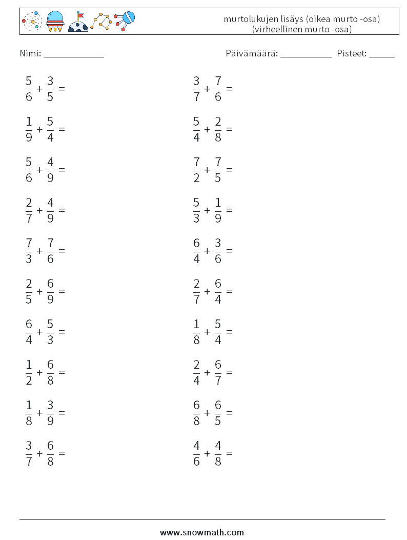 (20) murtolukujen lisäys (oikea murto -osa) (virheellinen murto -osa) Matematiikan laskentataulukot 10