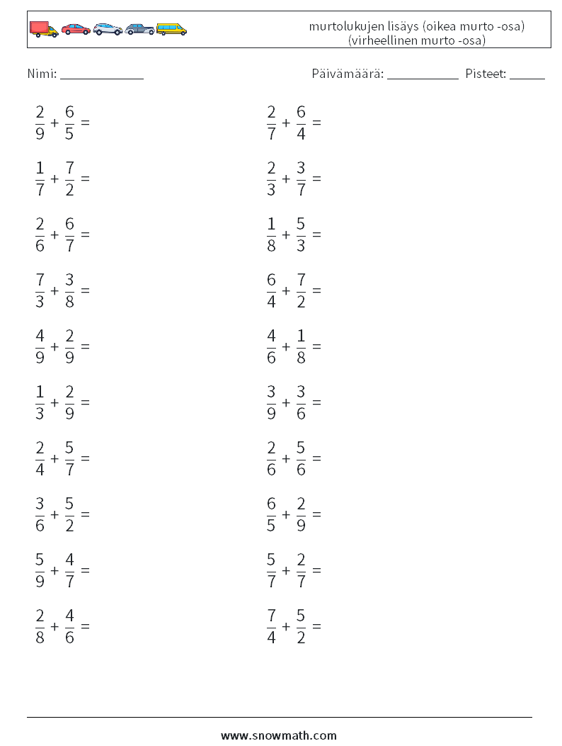 (20) murtolukujen lisäys (oikea murto -osa) (virheellinen murto -osa) Matematiikan laskentataulukot 12
