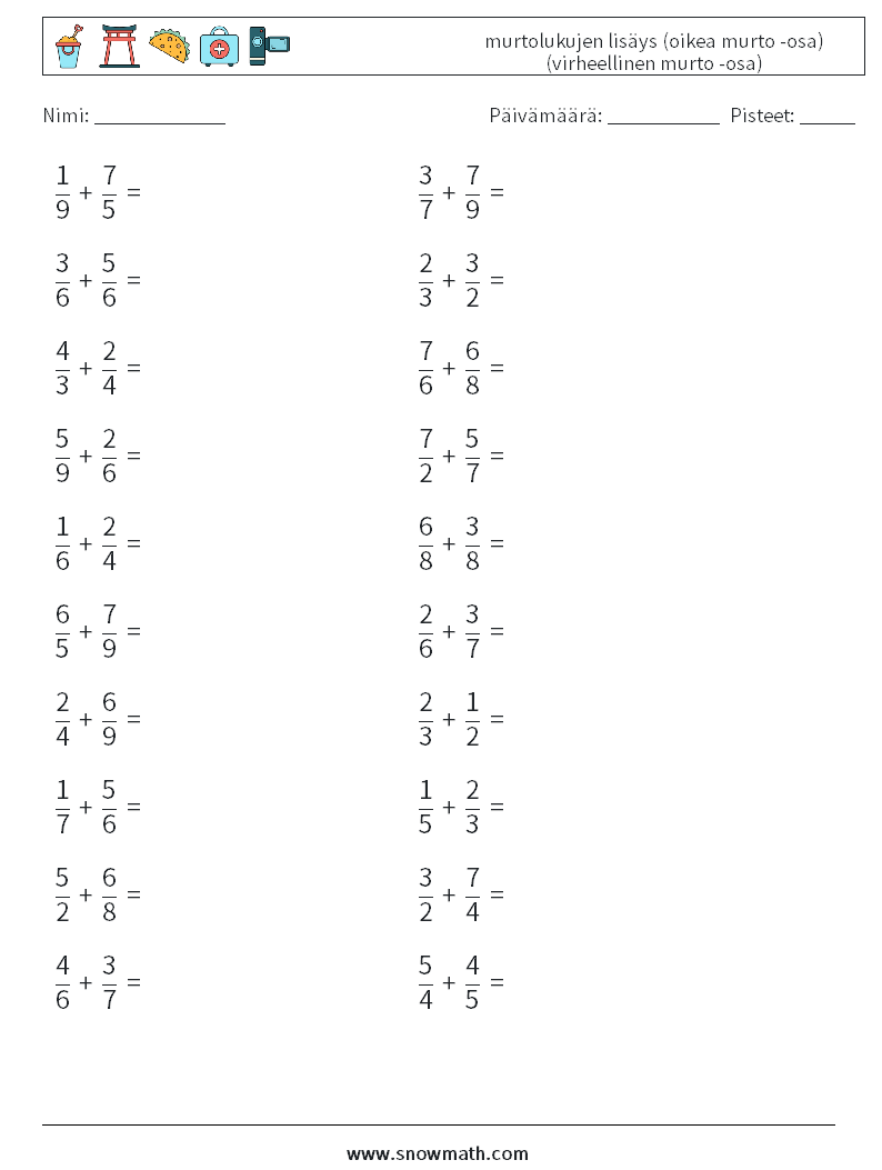 (20) murtolukujen lisäys (oikea murto -osa) (virheellinen murto -osa) Matematiikan laskentataulukot 13