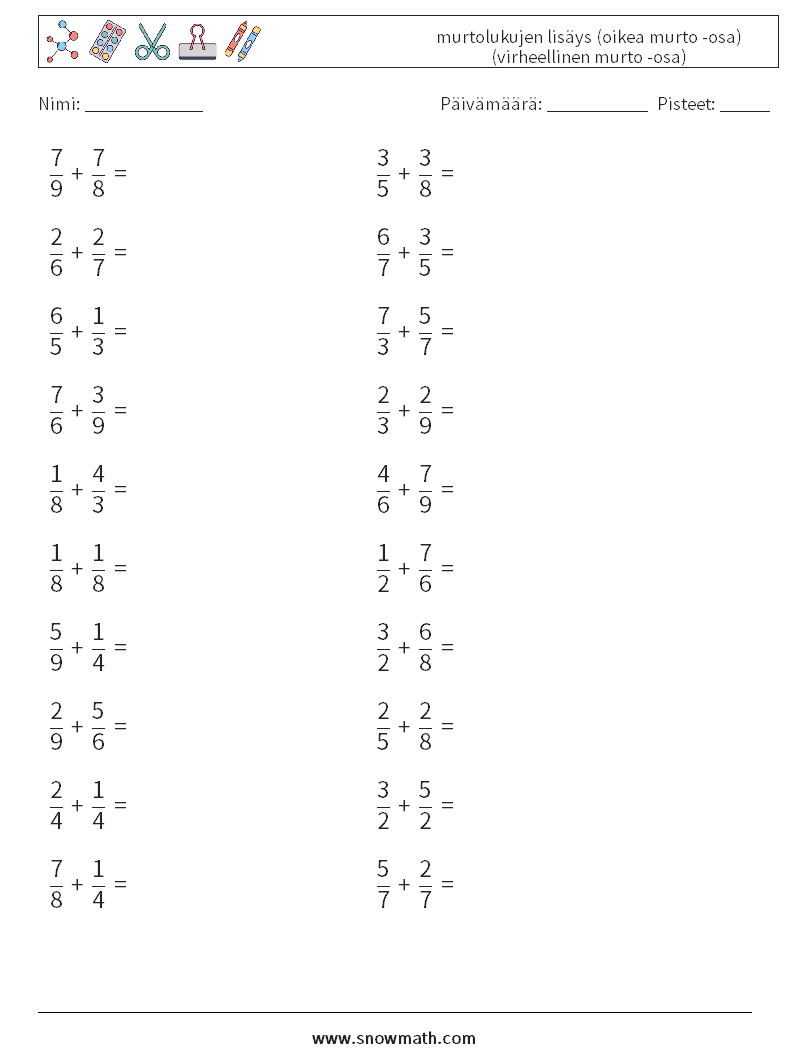 (20) murtolukujen lisäys (oikea murto -osa) (virheellinen murto -osa) Matematiikan laskentataulukot 15