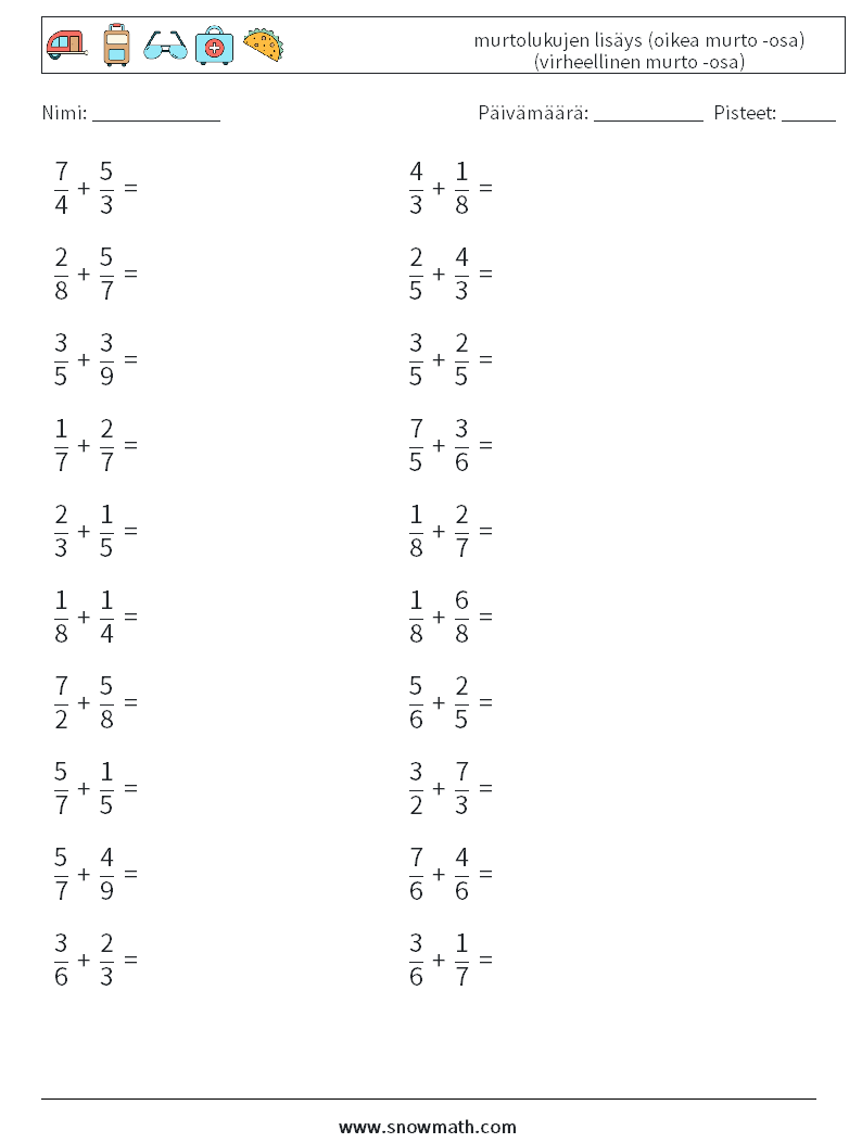 (20) murtolukujen lisäys (oikea murto -osa) (virheellinen murto -osa) Matematiikan laskentataulukot 16