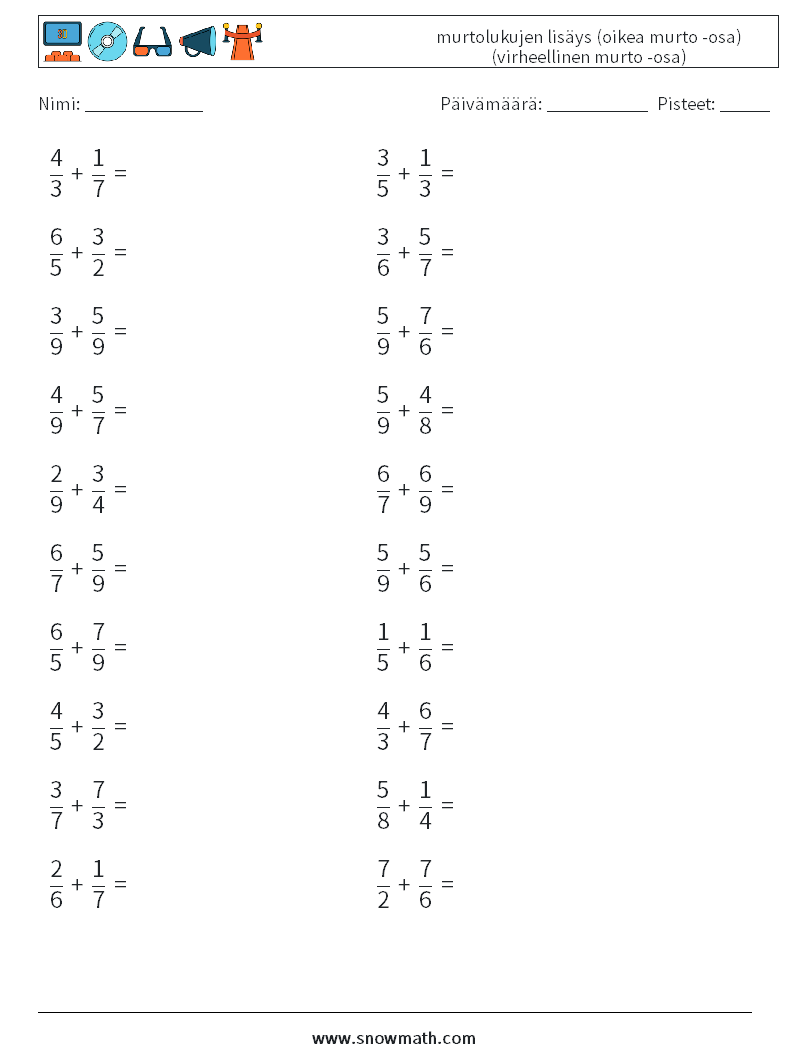 (20) murtolukujen lisäys (oikea murto -osa) (virheellinen murto -osa) Matematiikan laskentataulukot 17