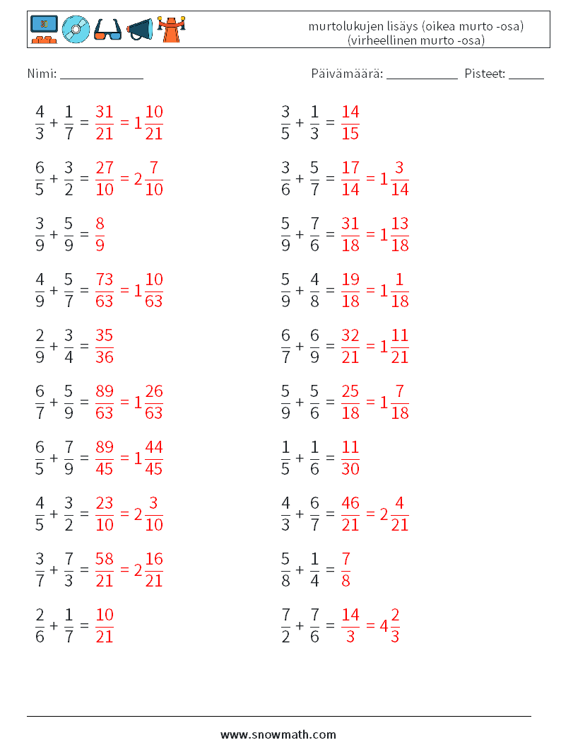 (20) murtolukujen lisäys (oikea murto -osa) (virheellinen murto -osa) Matematiikan laskentataulukot 17 Kysymys, vastaus