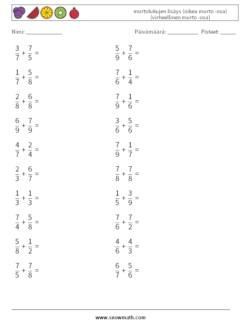 (20) murtolukujen lisäys (oikea murto -osa) (virheellinen murto -osa) Matematiikan laskentataulukot 18