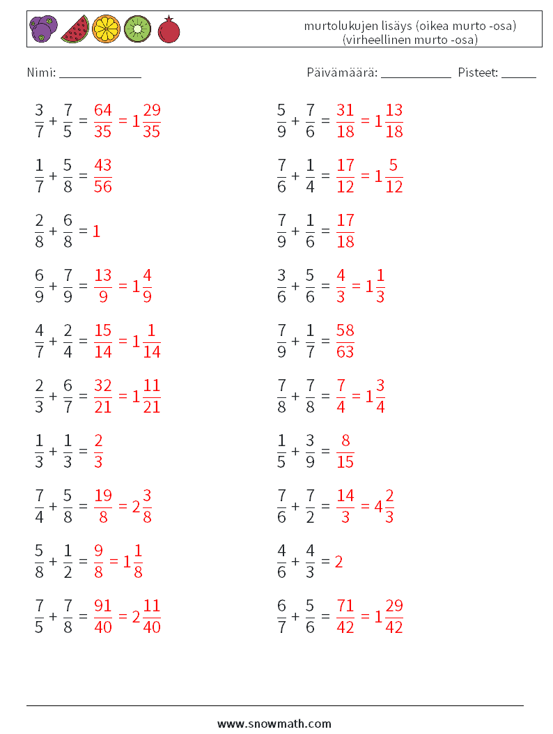 (20) murtolukujen lisäys (oikea murto -osa) (virheellinen murto -osa) Matematiikan laskentataulukot 18 Kysymys, vastaus