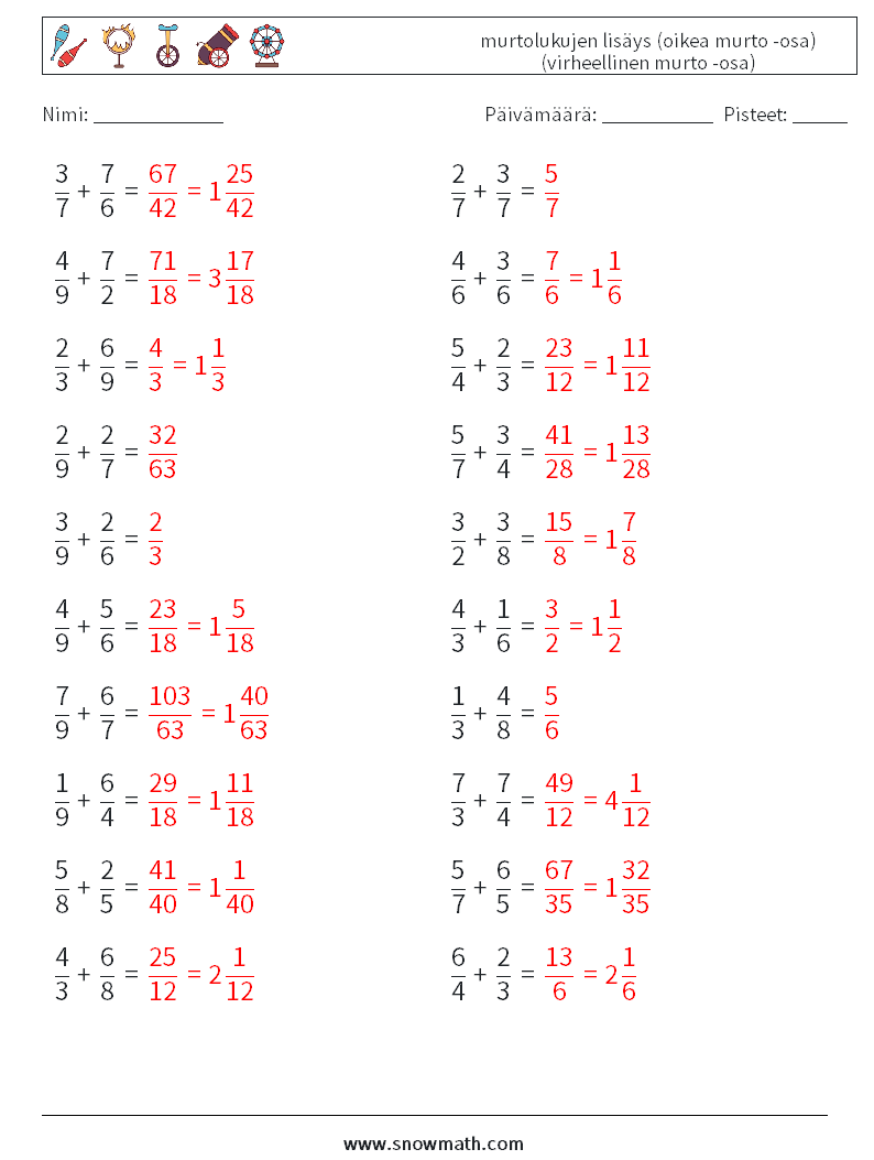 (20) murtolukujen lisäys (oikea murto -osa) (virheellinen murto -osa) Matematiikan laskentataulukot 1 Kysymys, vastaus