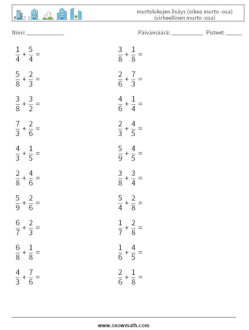 (20) murtolukujen lisäys (oikea murto -osa) (virheellinen murto -osa) Matematiikan laskentataulukot 2
