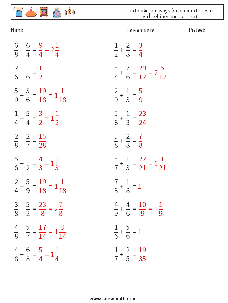 (20) murtolukujen lisäys (oikea murto -osa) (virheellinen murto -osa) Matematiikan laskentataulukot 3 Kysymys, vastaus