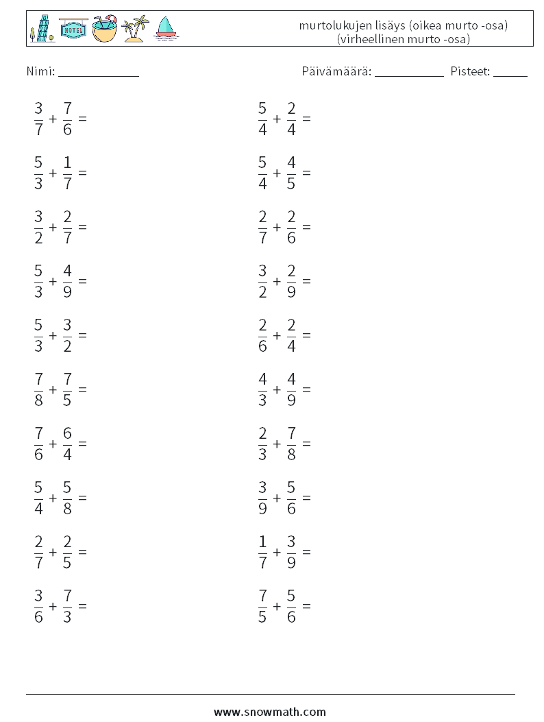 (20) murtolukujen lisäys (oikea murto -osa) (virheellinen murto -osa) Matematiikan laskentataulukot 4