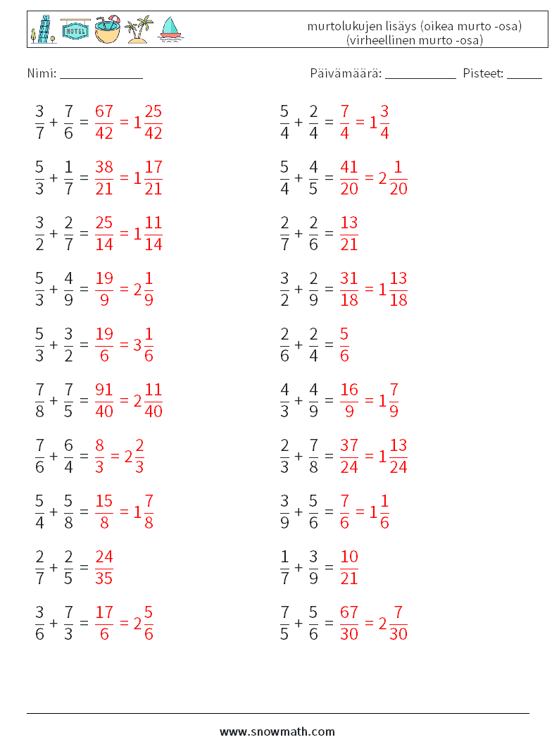 (20) murtolukujen lisäys (oikea murto -osa) (virheellinen murto -osa) Matematiikan laskentataulukot 4 Kysymys, vastaus