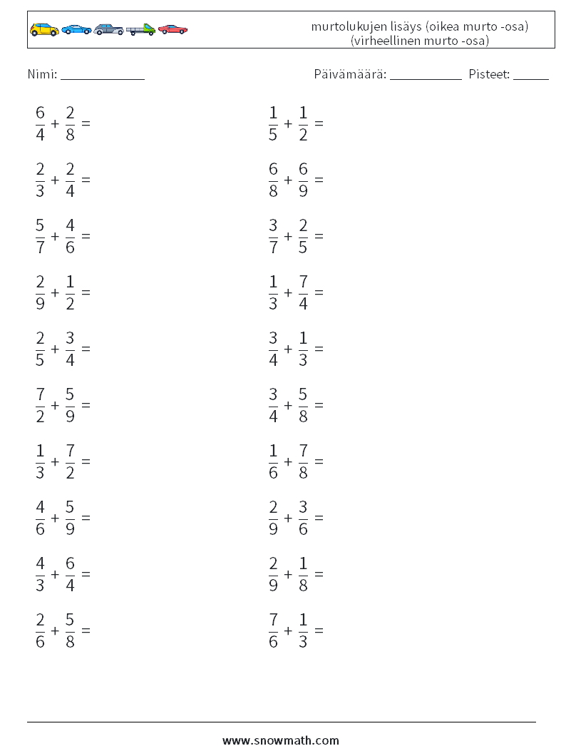 (20) murtolukujen lisäys (oikea murto -osa) (virheellinen murto -osa) Matematiikan laskentataulukot 5