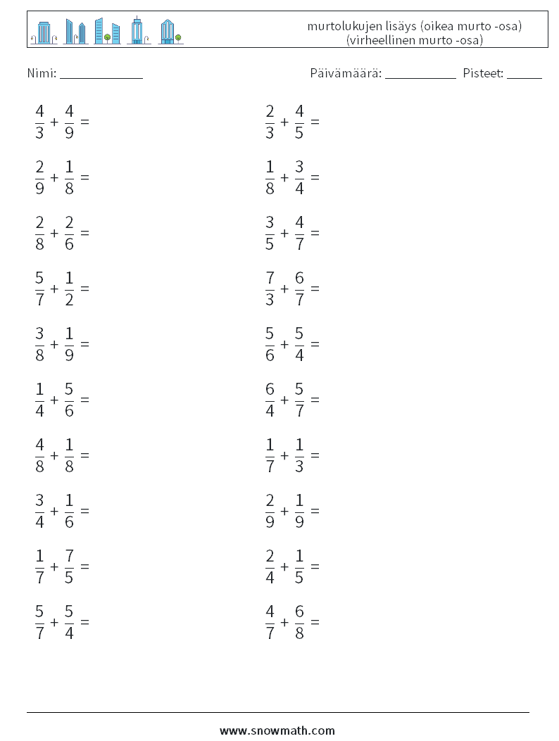 (20) murtolukujen lisäys (oikea murto -osa) (virheellinen murto -osa) Matematiikan laskentataulukot 7
