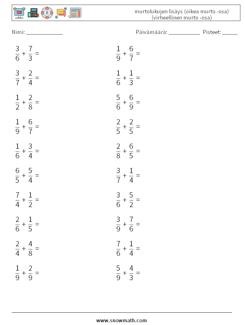 (20) murtolukujen lisäys (oikea murto -osa) (virheellinen murto -osa) Matematiikan laskentataulukot 8