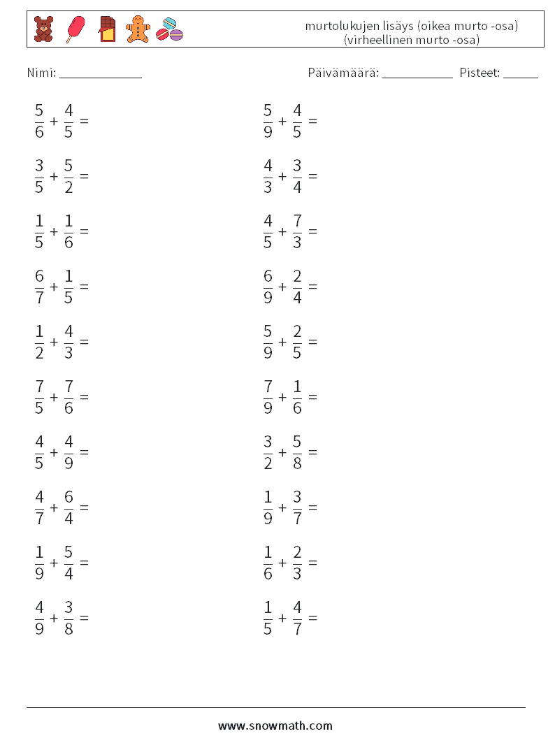 (20) murtolukujen lisäys (oikea murto -osa) (virheellinen murto -osa) Matematiikan laskentataulukot 9