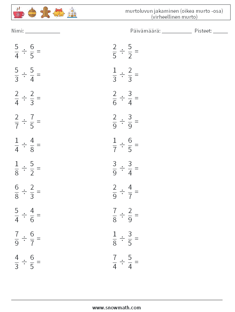 (20) murtoluvun jakaminen (oikea murto -osa) (virheellinen murto) Matematiikan laskentataulukot 1