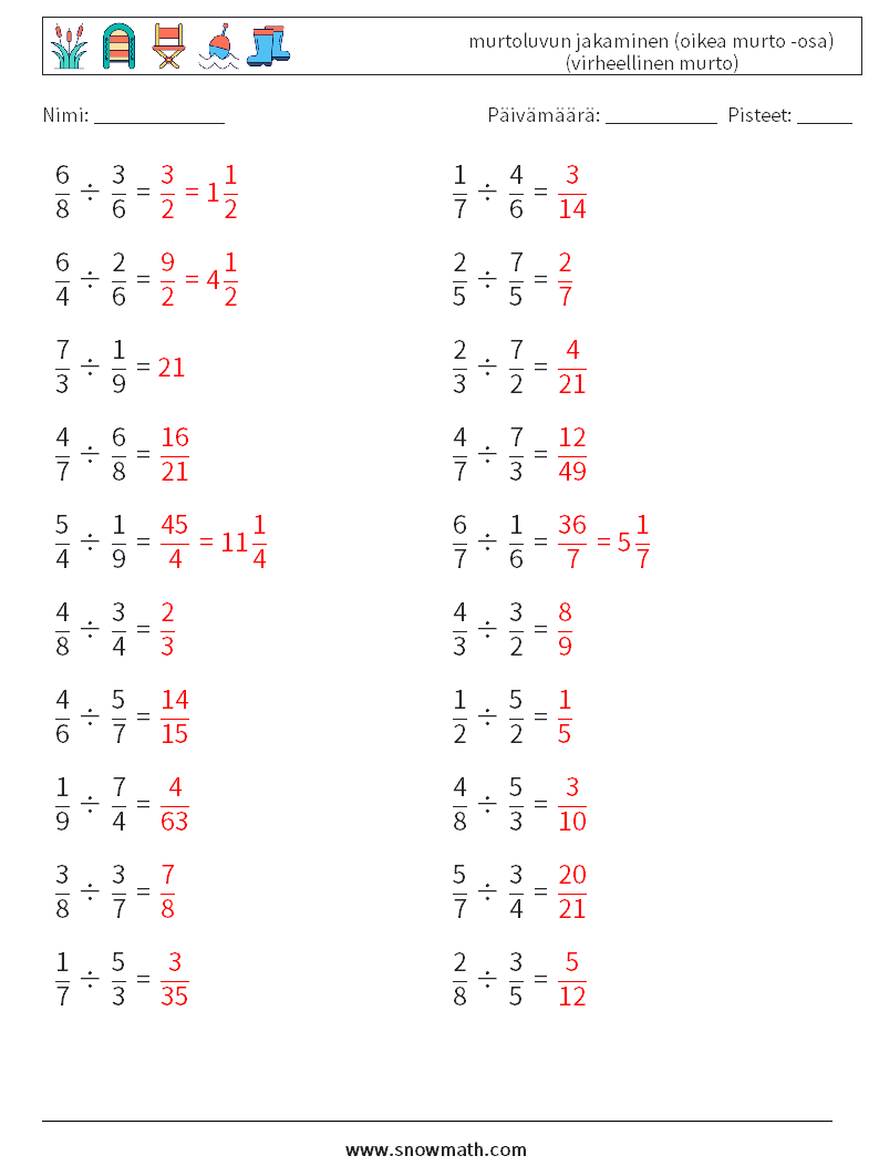 (20) murtoluvun jakaminen (oikea murto -osa) (virheellinen murto) Matematiikan laskentataulukot 10 Kysymys, vastaus