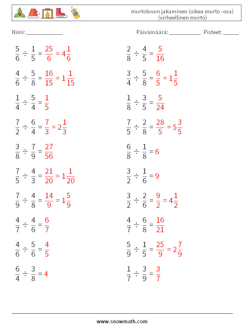 (20) murtoluvun jakaminen (oikea murto -osa) (virheellinen murto) Matematiikan laskentataulukot 11 Kysymys, vastaus