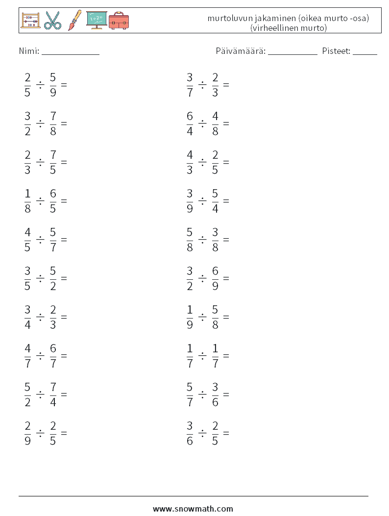 (20) murtoluvun jakaminen (oikea murto -osa) (virheellinen murto) Matematiikan laskentataulukot 13