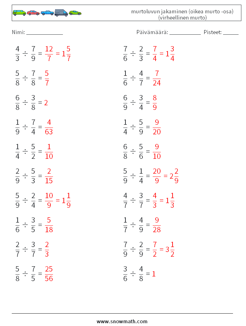 (20) murtoluvun jakaminen (oikea murto -osa) (virheellinen murto) Matematiikan laskentataulukot 14 Kysymys, vastaus
