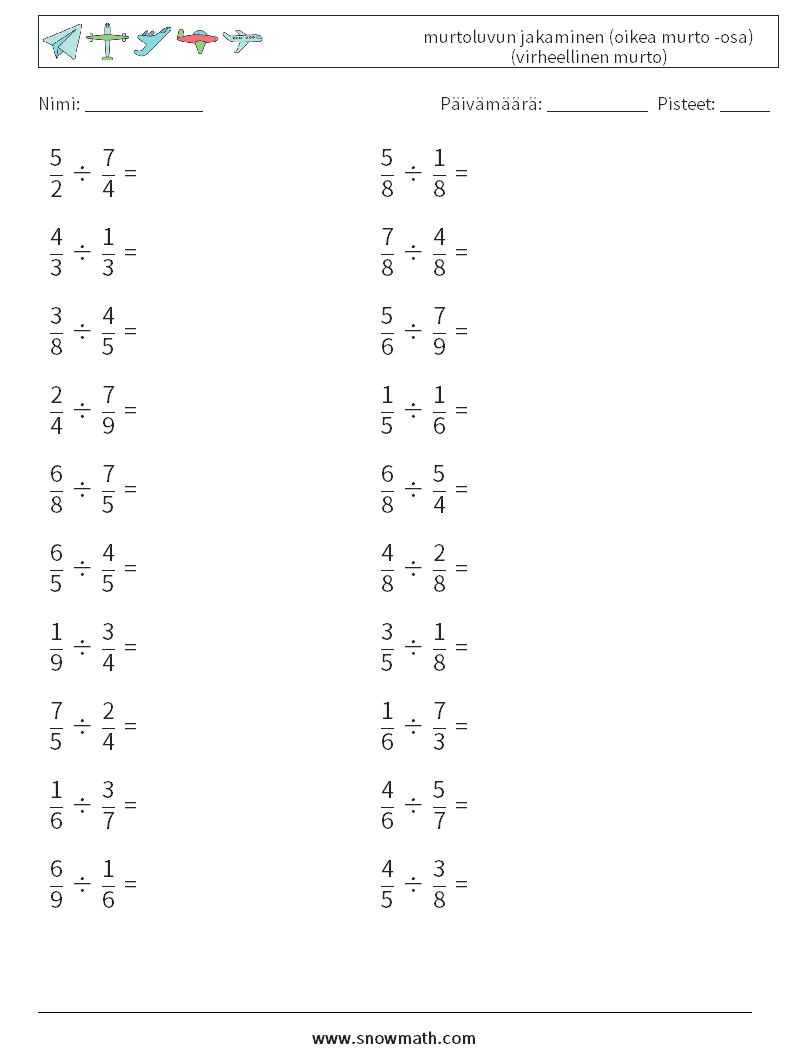 (20) murtoluvun jakaminen (oikea murto -osa) (virheellinen murto) Matematiikan laskentataulukot 15