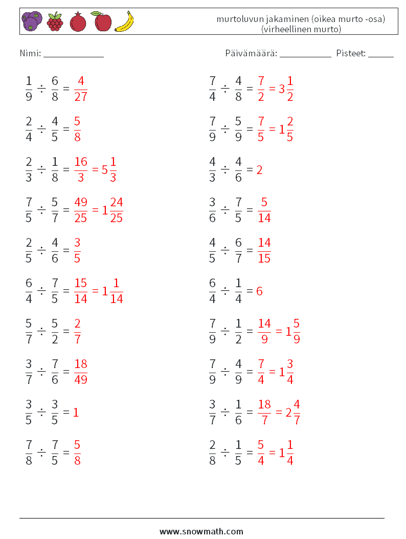 (20) murtoluvun jakaminen (oikea murto -osa) (virheellinen murto) Matematiikan laskentataulukot 16 Kysymys, vastaus