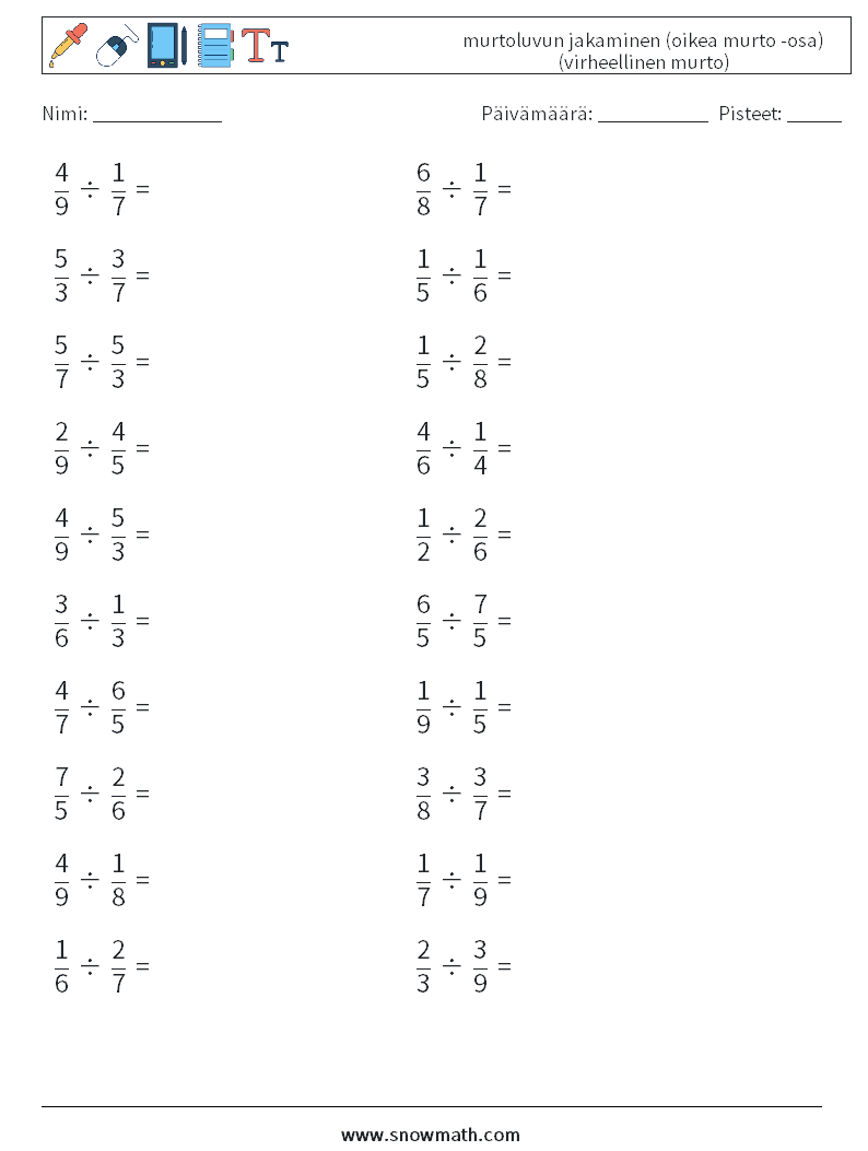 (20) murtoluvun jakaminen (oikea murto -osa) (virheellinen murto) Matematiikan laskentataulukot 17