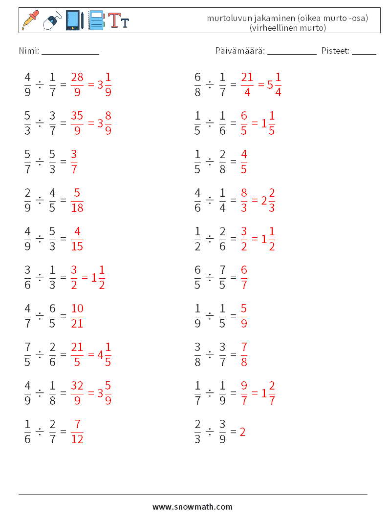 (20) murtoluvun jakaminen (oikea murto -osa) (virheellinen murto) Matematiikan laskentataulukot 17 Kysymys, vastaus