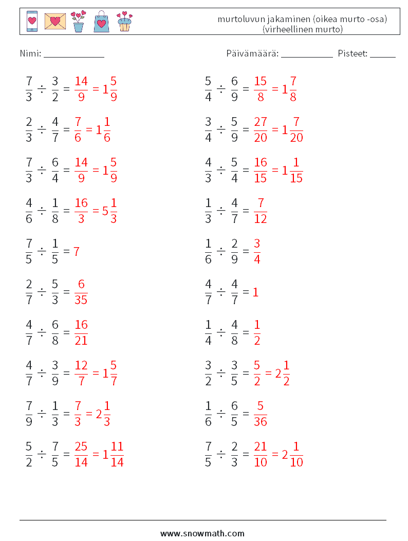 (20) murtoluvun jakaminen (oikea murto -osa) (virheellinen murto) Matematiikan laskentataulukot 18 Kysymys, vastaus