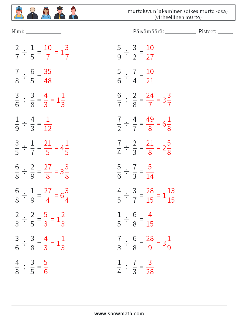 (20) murtoluvun jakaminen (oikea murto -osa) (virheellinen murto) Matematiikan laskentataulukot 2 Kysymys, vastaus