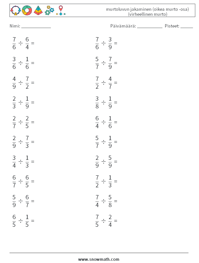 (20) murtoluvun jakaminen (oikea murto -osa) (virheellinen murto) Matematiikan laskentataulukot 3