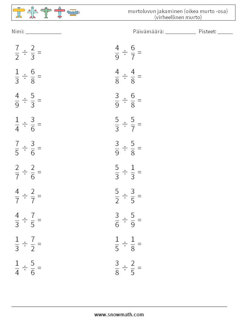 (20) murtoluvun jakaminen (oikea murto -osa) (virheellinen murto) Matematiikan laskentataulukot 4
