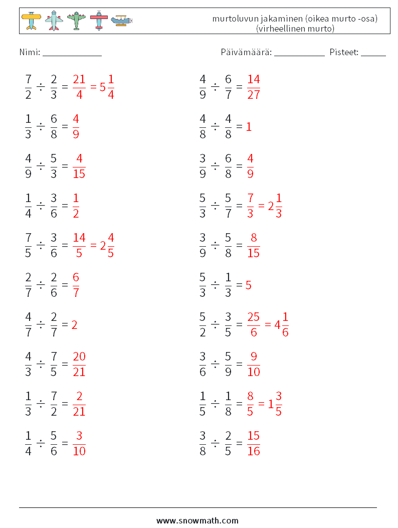 (20) murtoluvun jakaminen (oikea murto -osa) (virheellinen murto) Matematiikan laskentataulukot 4 Kysymys, vastaus