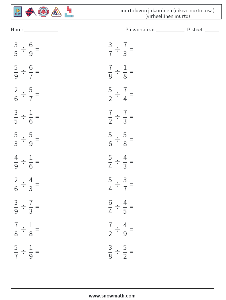 (20) murtoluvun jakaminen (oikea murto -osa) (virheellinen murto) Matematiikan laskentataulukot 7